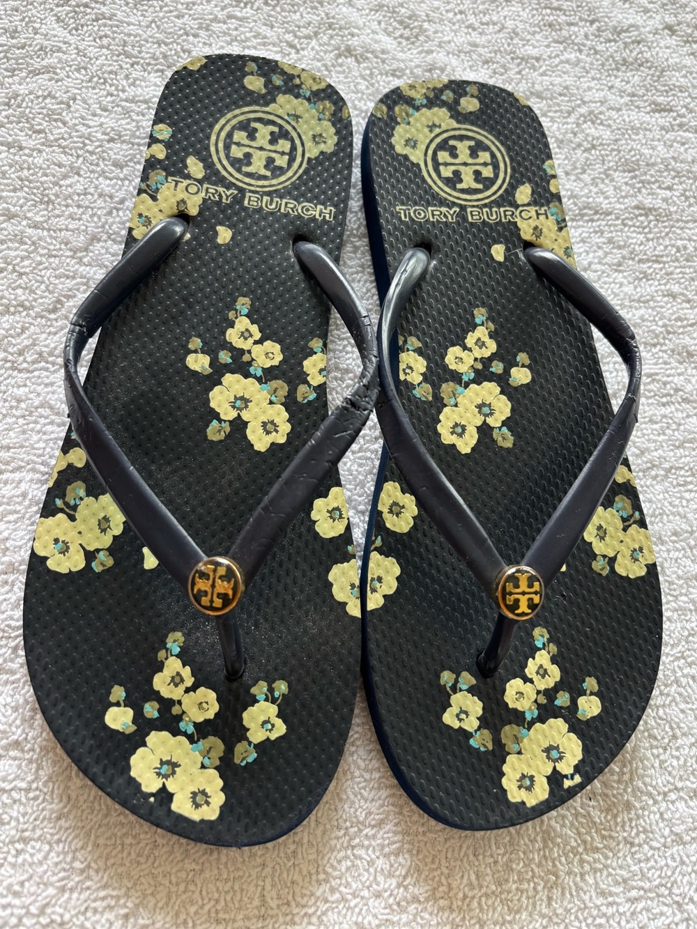Tory Burch Black Flip Flops with Yellow Floral Accents